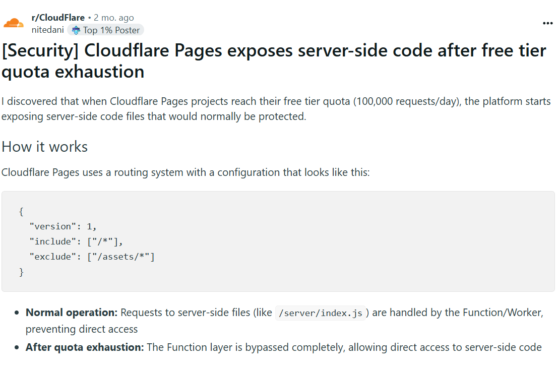 Top commenter in r/CloudFlare flags a potential security risk for free tier users