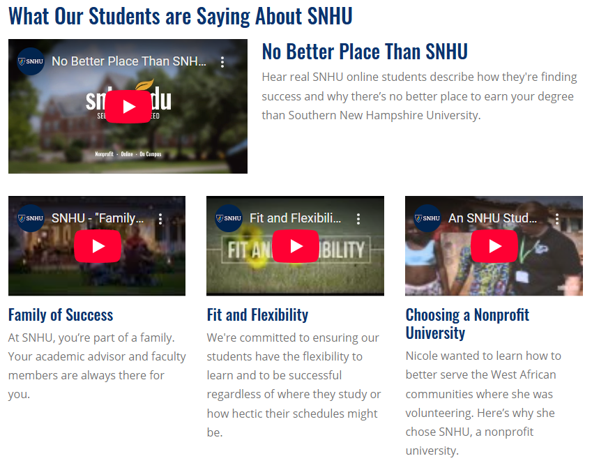 What students say about SNHU video embeds
