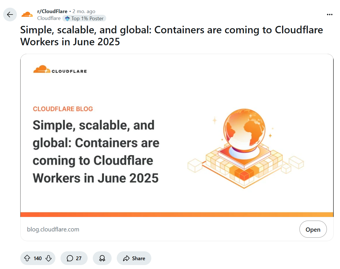 u/Cloudflare account posting a product announcement from the company blog to the subreddit