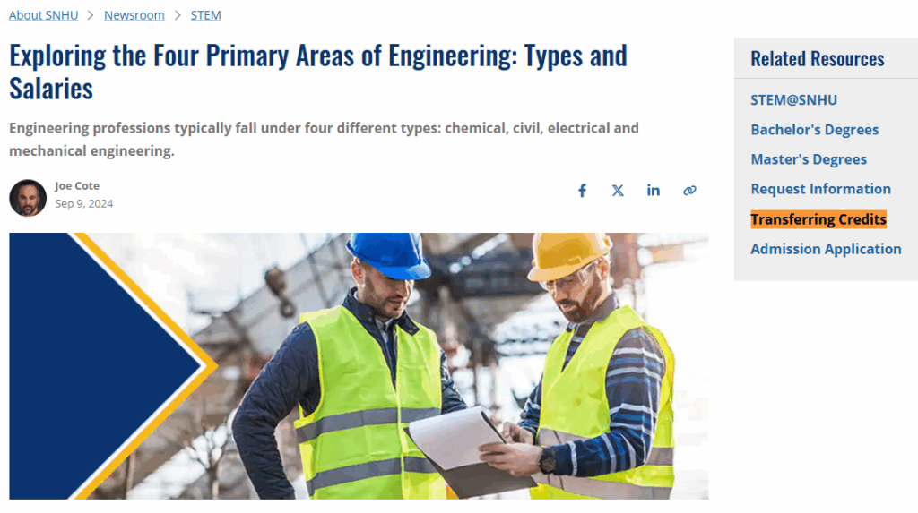 SNHU Newsroom page on different types of engineering