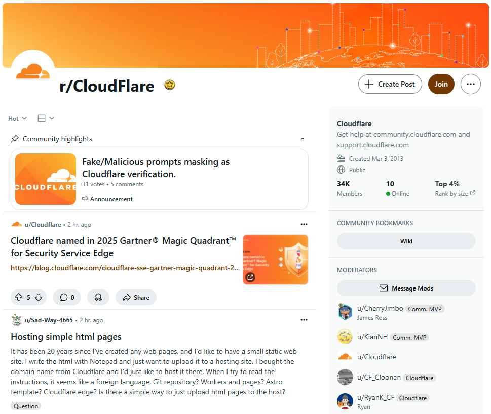 r/CloudFlare home page with posts about the latest malicious prompts and product awards