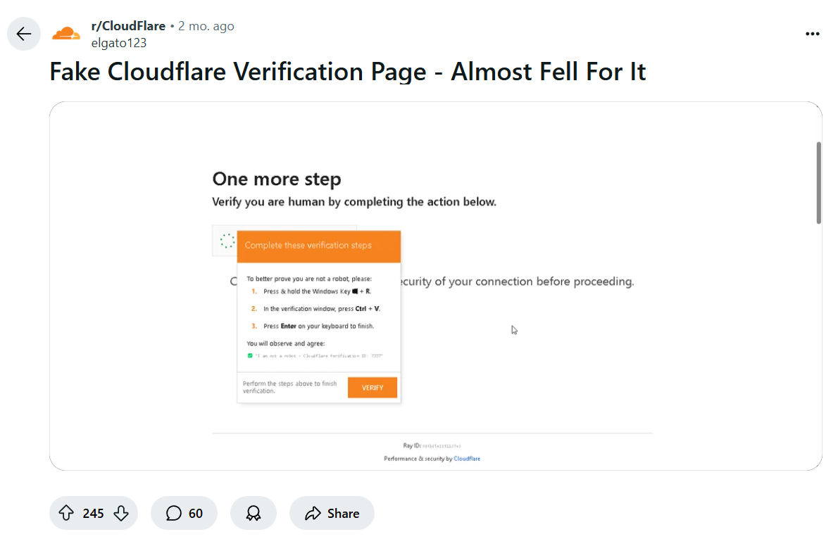 Redditor warning r/CloudFlare members about a fake verification page social engineering tactic