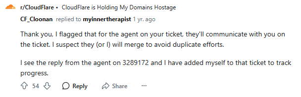Top comment from Cloudflare moderator and employee u/CF_Cloonan