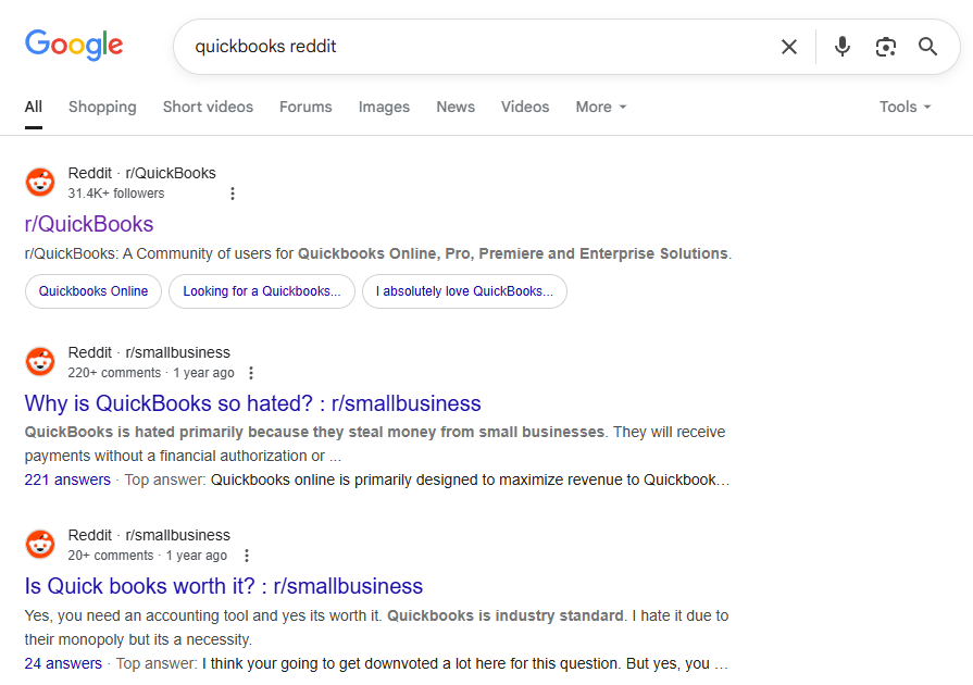 "quickbooks reddit" SERP includes threads people use to make purchase decisions