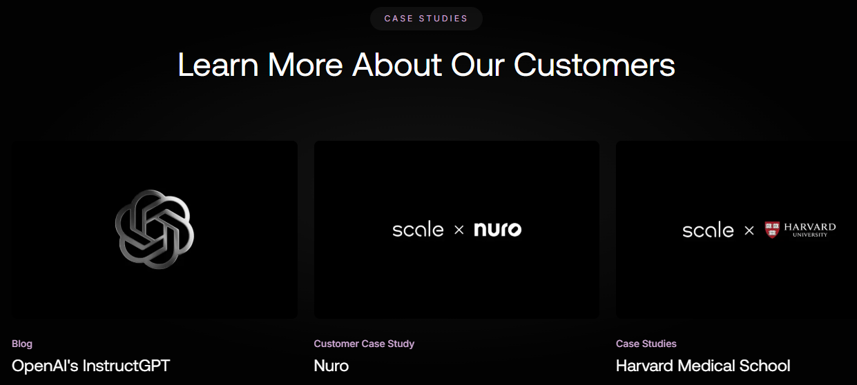 Scale AI case studies and blog posts featuring OpenAI, Nuro, and Harvard Medical School