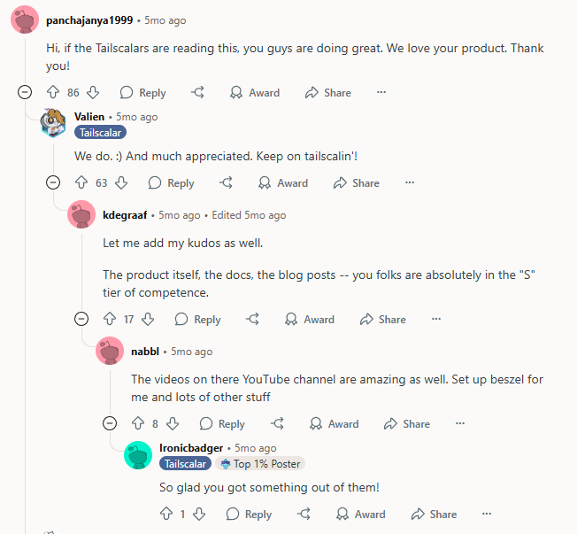 Redditor's raving about Tailscale's product, support docs, blog posts, and YouTube videos