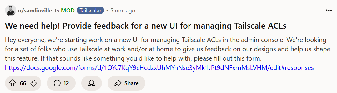 Tailscale product manager prompts Redditors for UI feedback