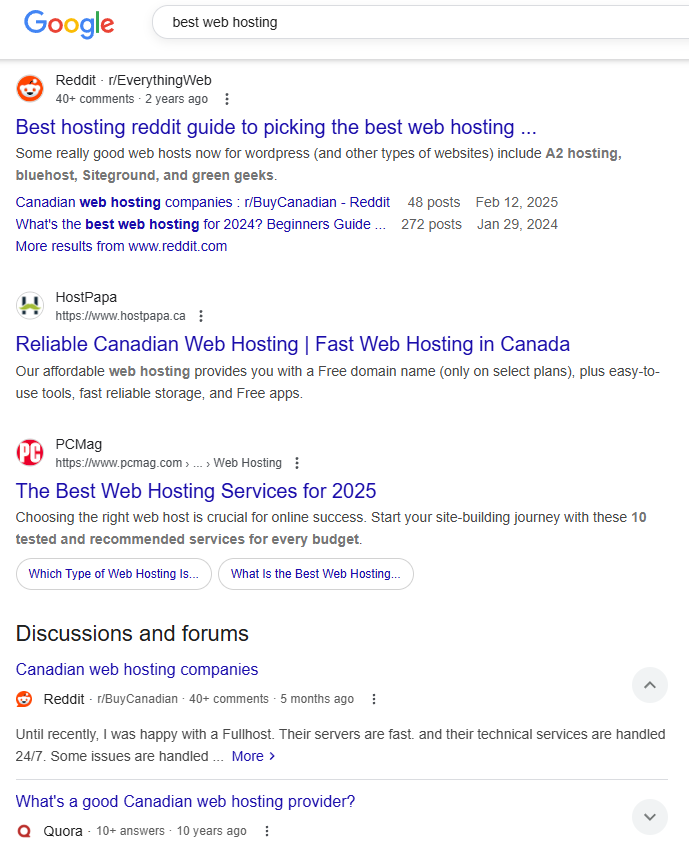 Reddit has 2 spots on the front page for the highly competitive search query "best web hosting"