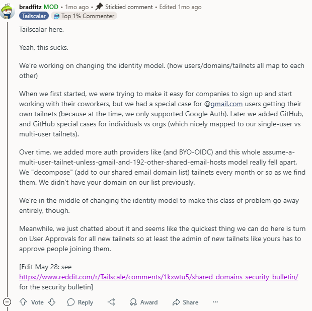Tailscale co-founder responds to large security issue identified by users on Reddit