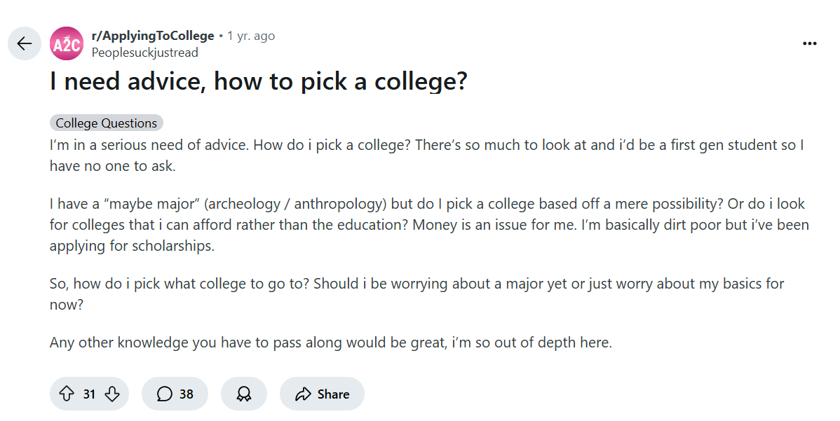 Post on Reddit asking for advice on how to pick a college
