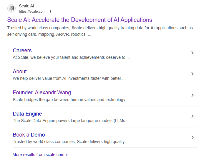 Scale AI sitelinks at the top of the Google SERP include timely stories like the recent departure of Founder Alexandr Wang