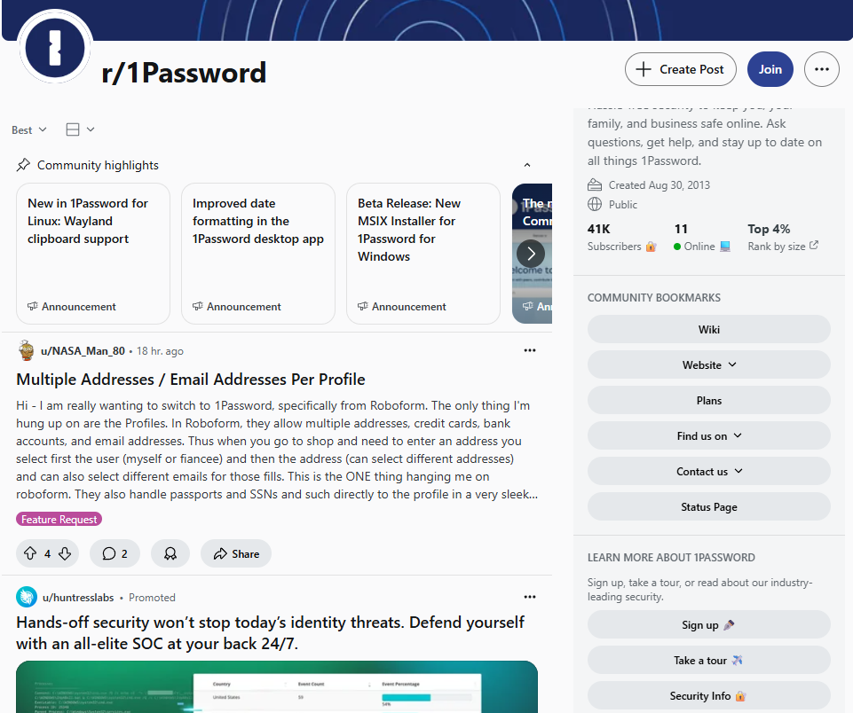 r/1Password is populated with multiple links to BoFu pages on the 1Password website