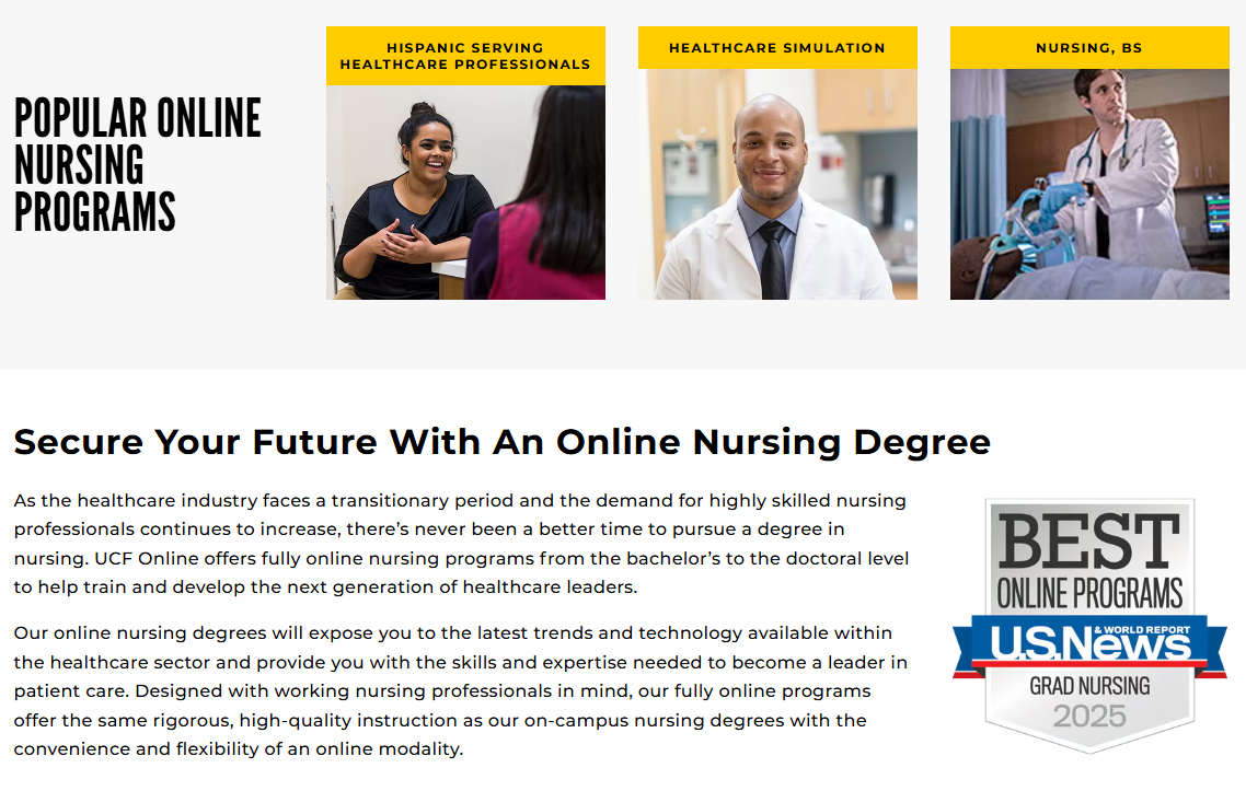 CFU online nursing degree section discussing how to secure your future and displaying a Best Online Program badge from U.S. News.