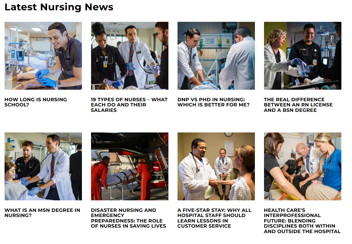 Latest Nursing News module containing links to key blog pieces from the /nursing-degrees/news/ subfolder