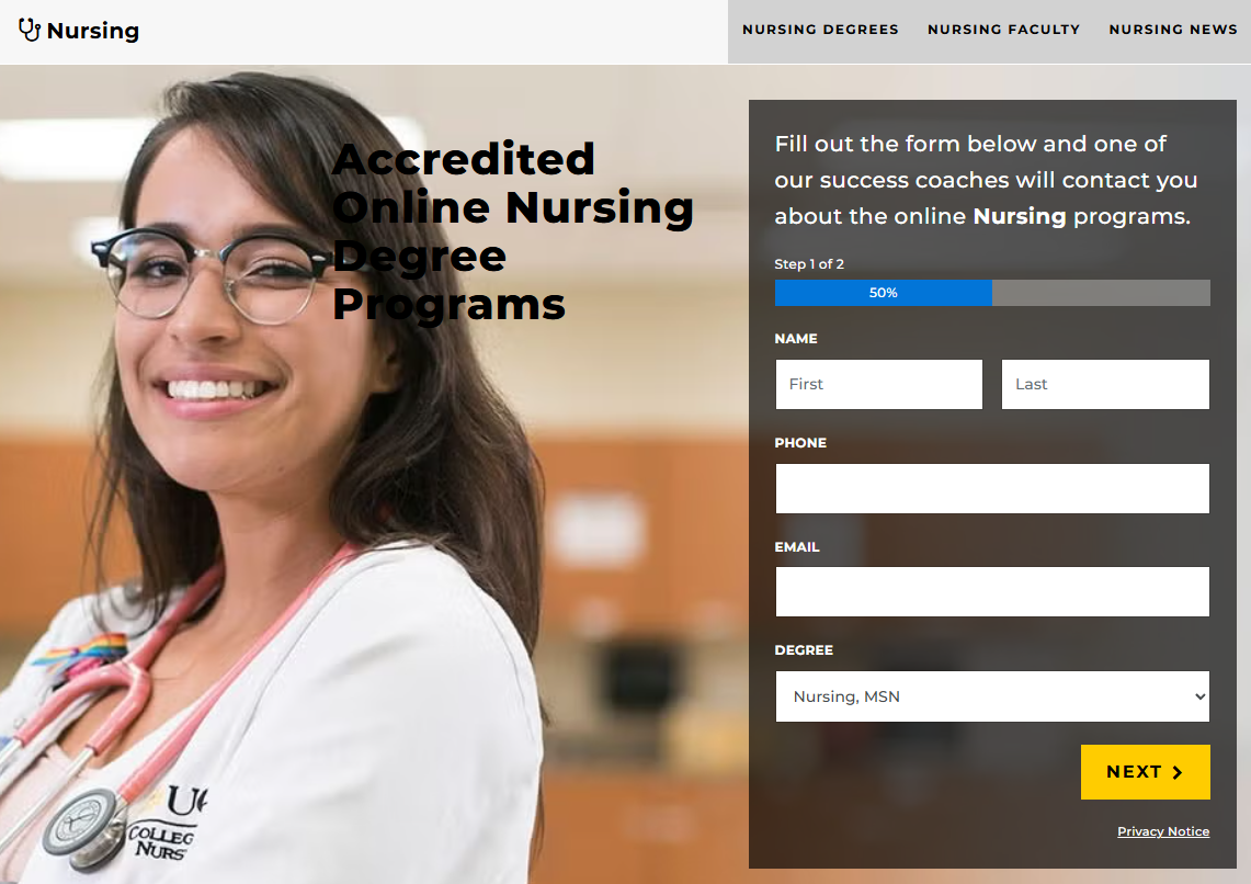 Lead capture form on UCF's online nursing degree program page.