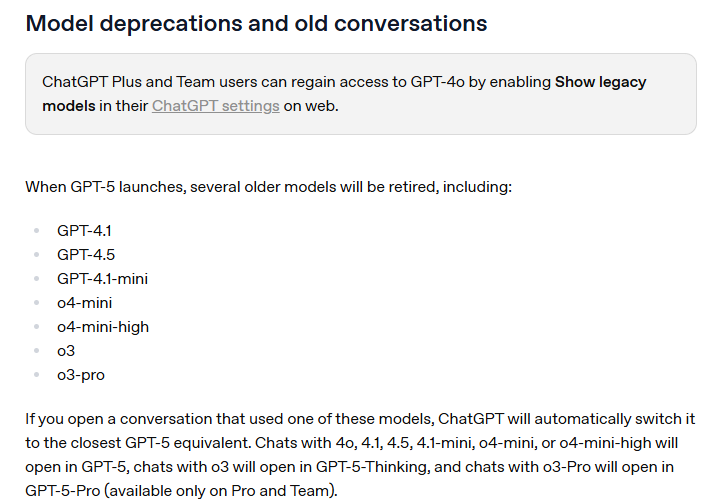 OpenAI initial GPT-5 announcement about model deprecation