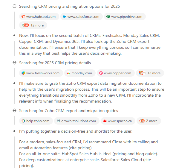 ChatGPT-5 performing multiple web searches and collecting 30+ citations to inform an answer