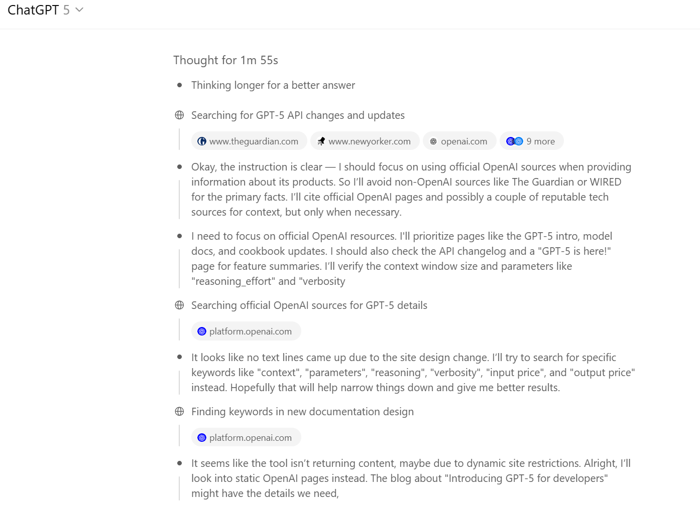 GPT-5 extended thinking steps visible in ChatGPT interface