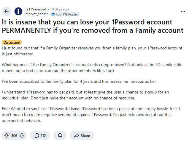 r/1Password post calling out a feature flaw in Family accounts