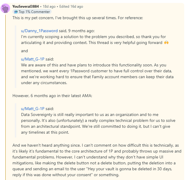r/1Password top commenter tracking what moderators and employees have said about a specific feature