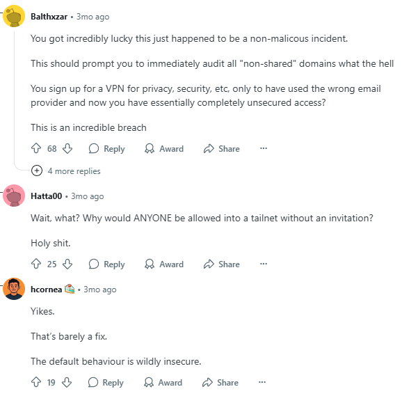 Redditor concerns in r/Tailscale about a security oversight