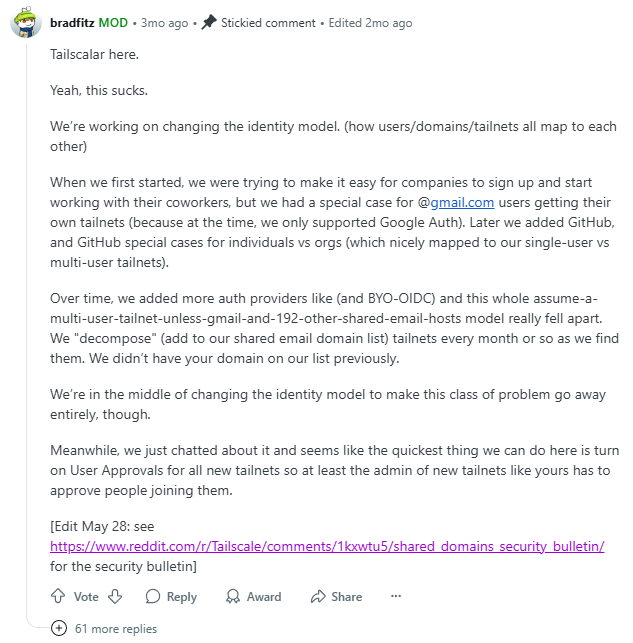 Tailscale co-founder Brad Fitzpatrick addresses security concerns on Reddit