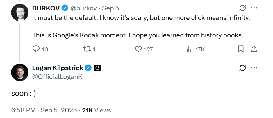 Logan Kilpatrick Twitter Response about AI Mode