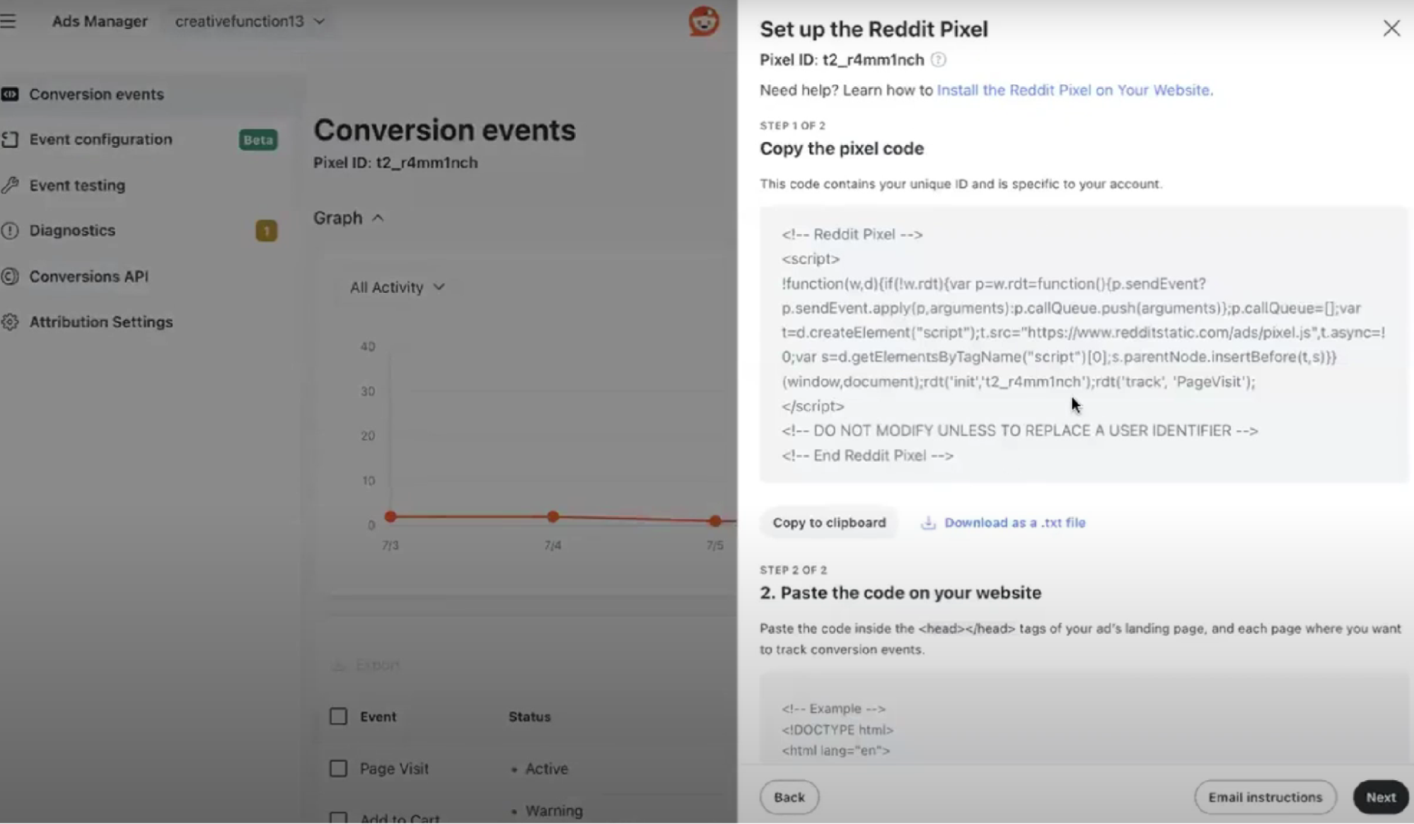 The manual Reddit Pixel setup option involves copying a unique pixel code and then pasting it in the <head> tags of web pages
