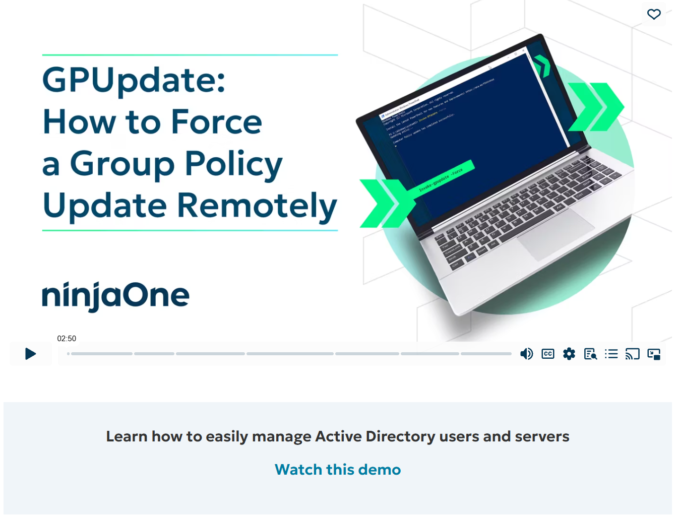 NinjaOne's how-to on forcing group policy updates remotely includes an embedded video and demo CTA right after the introduction