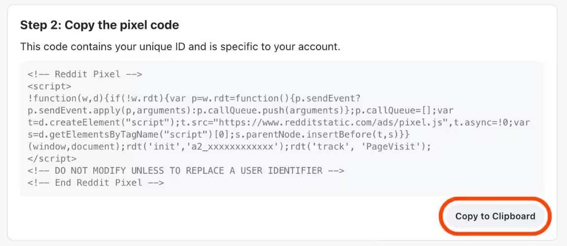 The unique Reddit Pixel code for a specific Reddit for Business account