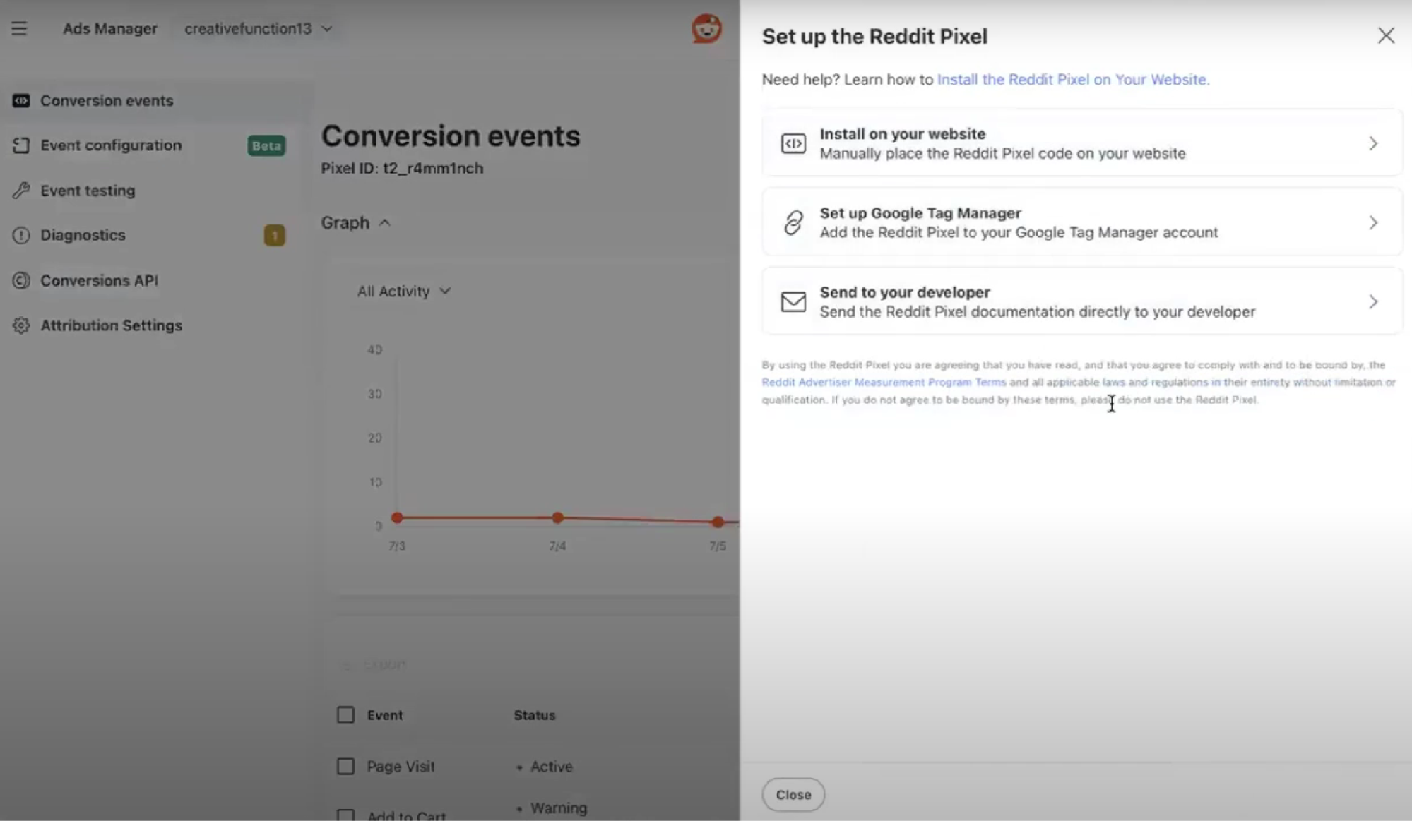 The Reddit Ads manager gives you the option to install the Pixel manually on your site, use Google Tag Mananger, or send the code to a developer