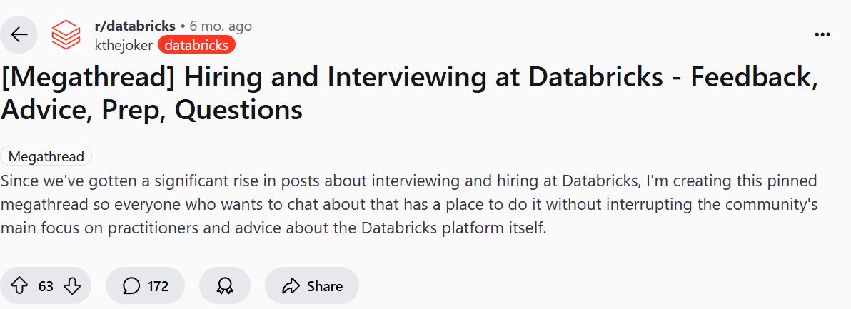 r/databricks has a dedicated megathread to help contain the growing number of discussions about interviewing and hiring at Databricks.