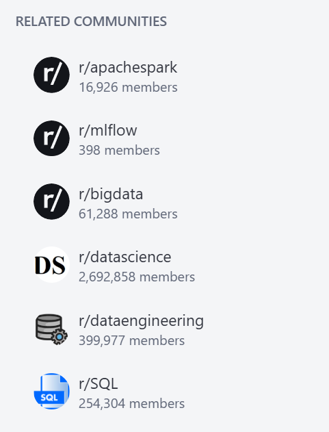 r/databricks links out to the following related communities on their home feed: - r/apachespark - r/mlflow - r/bigdata - r/datascience - r/dataengineering - r/SQL