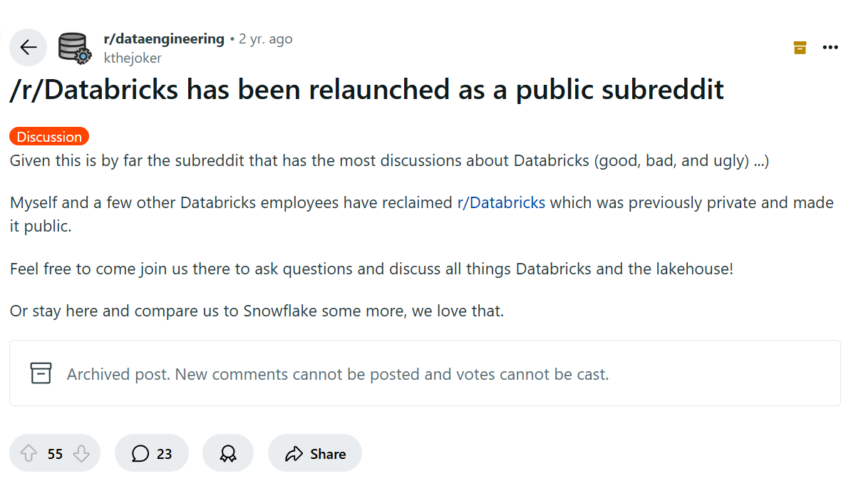 Databricks employee u/kthejoker announces that r/databricks is open to the public to members of the data engineering subreddit