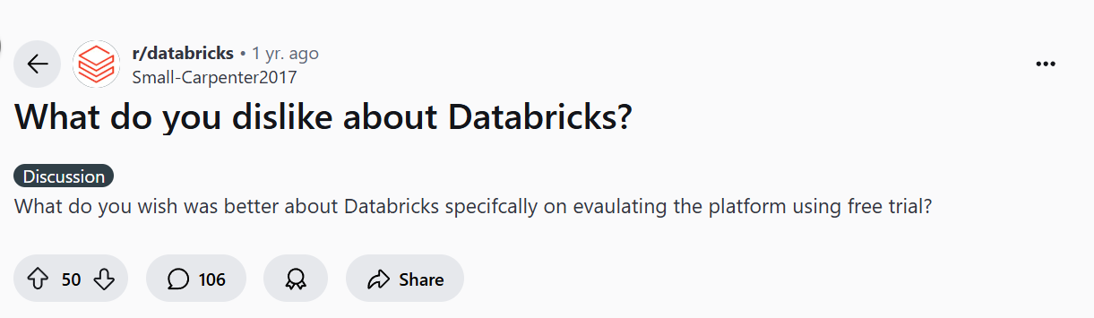 A Redditor posts in r/databricks asking "What do you dislike about Databricks?" with a specific focus on evaluating the platform during the free trial period