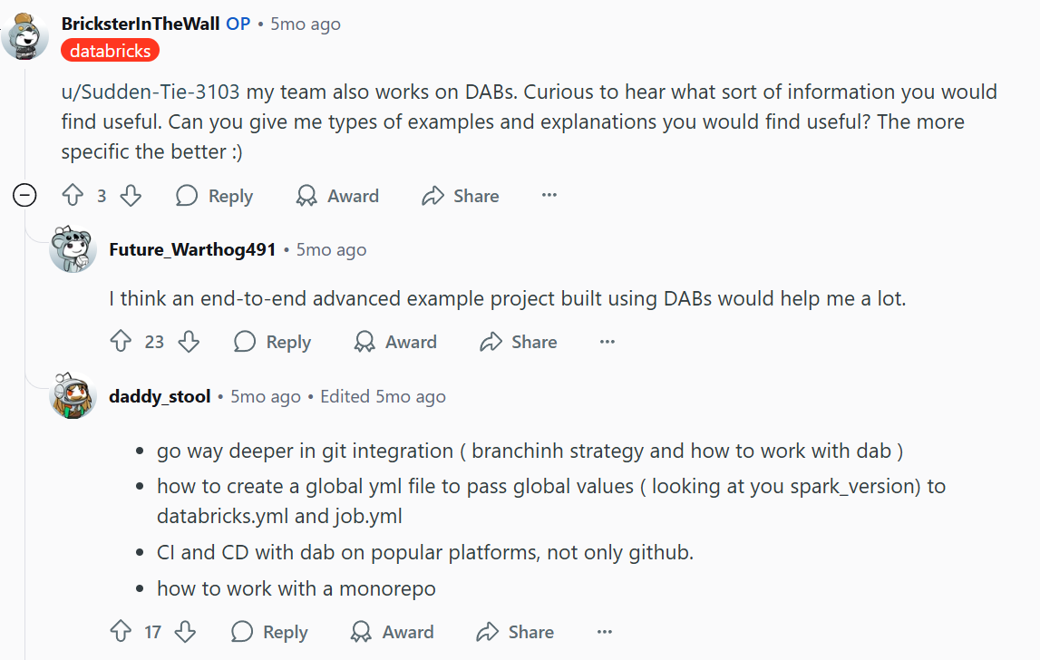 Databricks employee u/BricksterInTheWall collects feedback from users on how to improve their technical documentation