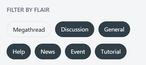 r/databricks includes the following flair types for post filtering: Megathread, Discussion, General, Help, News, Event, and Tutorial.