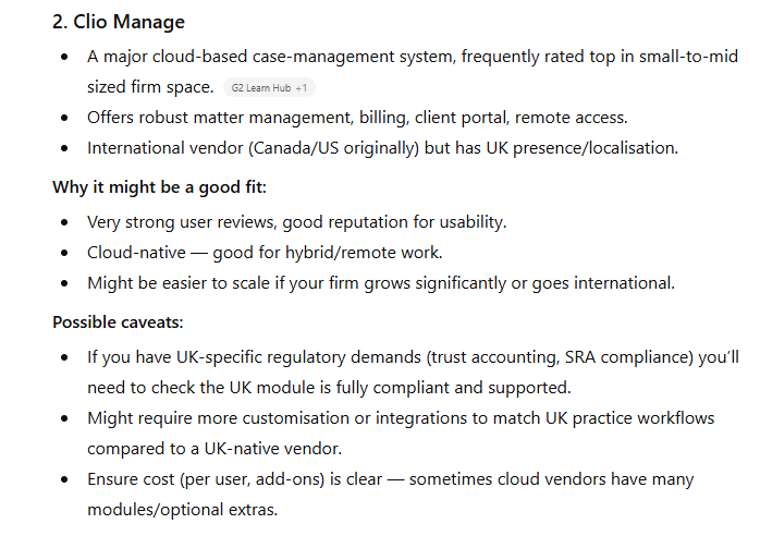 ChatGPT lists Clio Manage as the second best option in response to the prompt "what is the best case management platform for a mid-sized law firm in the UK?