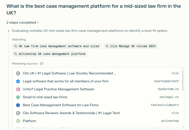 In forming it's response to the query "what is the best case management platform for a mid-sized law firm in the UK?", Perplexity cites Clio multiple times.