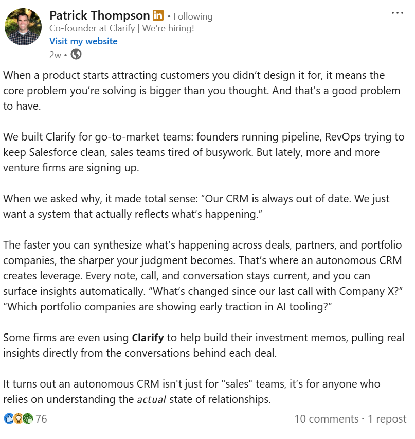 Clarify Co-Founder Patrick Thompson discusses in interesting patter in how the startup's inbound audience shifted from go-to-market teams to include venture firms.