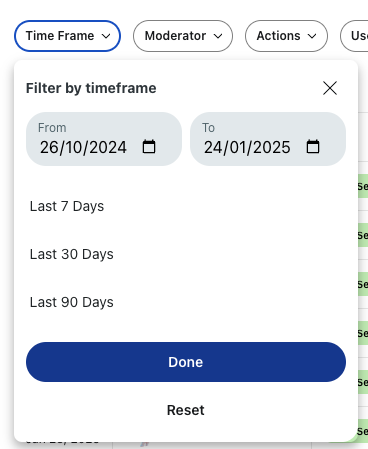 Reddit moderator logs allow mods to filter actions taken in the sub by timeframe, user, type of action, and more