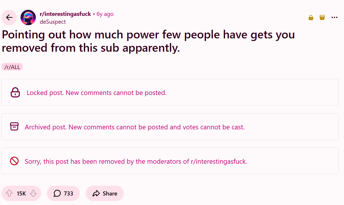 Reddit mod locks, removes, and archives a post discussing the consolidation of moderating power between a handful of user accounts