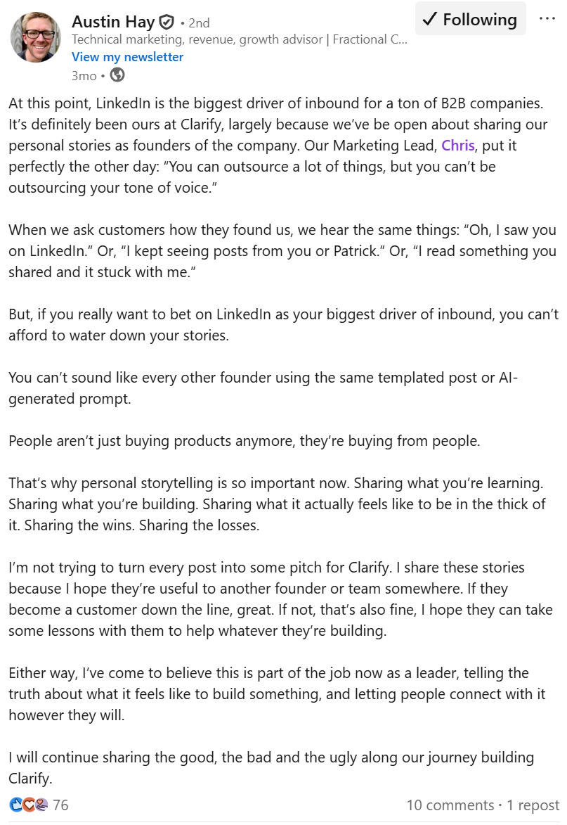 Clarify Co-Founder Austin Hay discusses how and why LinkedIn is one of the best drivers of inbound leads for B2B companies.