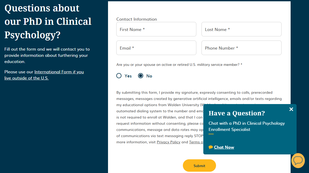 Contact information form requesting first name, last name, email, phone number, and military service status with consent language for communications and automated systems
