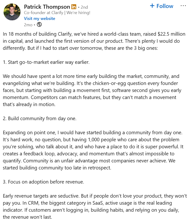 Clarify CEO Patrick Thompson discussing some of the biggest lessons from the first 18 months of the startup journey