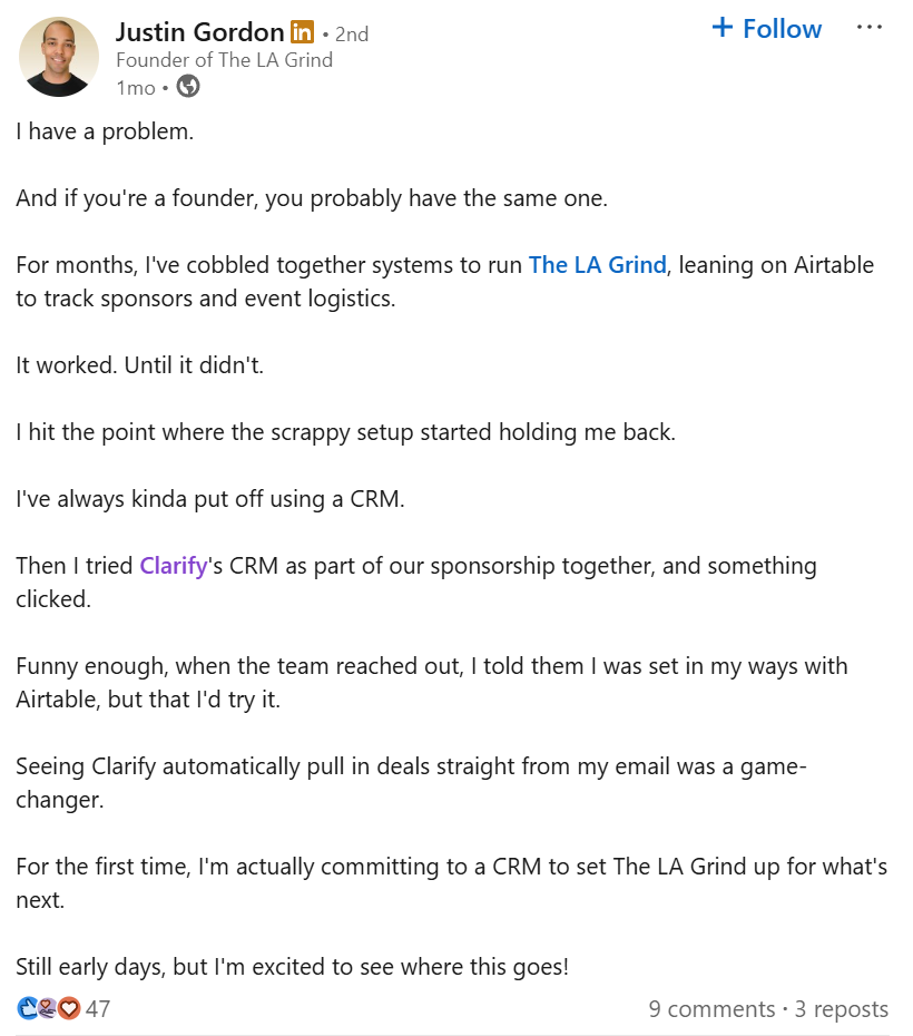 Justin Gordon, Founder of The LA Grind, talks about how his partnership with Clarify has changed how he thinks about CRM