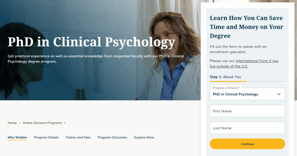 Landing page hero featuring program title, value proposition about practical experience, and prominent sidebar form highlighting $5,000 savings and November start date