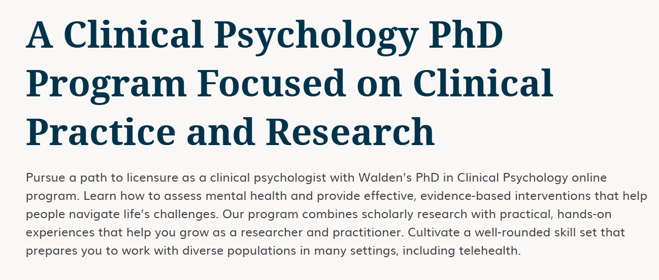 Section describing Walden's clinical psychology program emphasizing licensure preparation, evidence-based interventions, research skills, and telehealth training for diverse populations