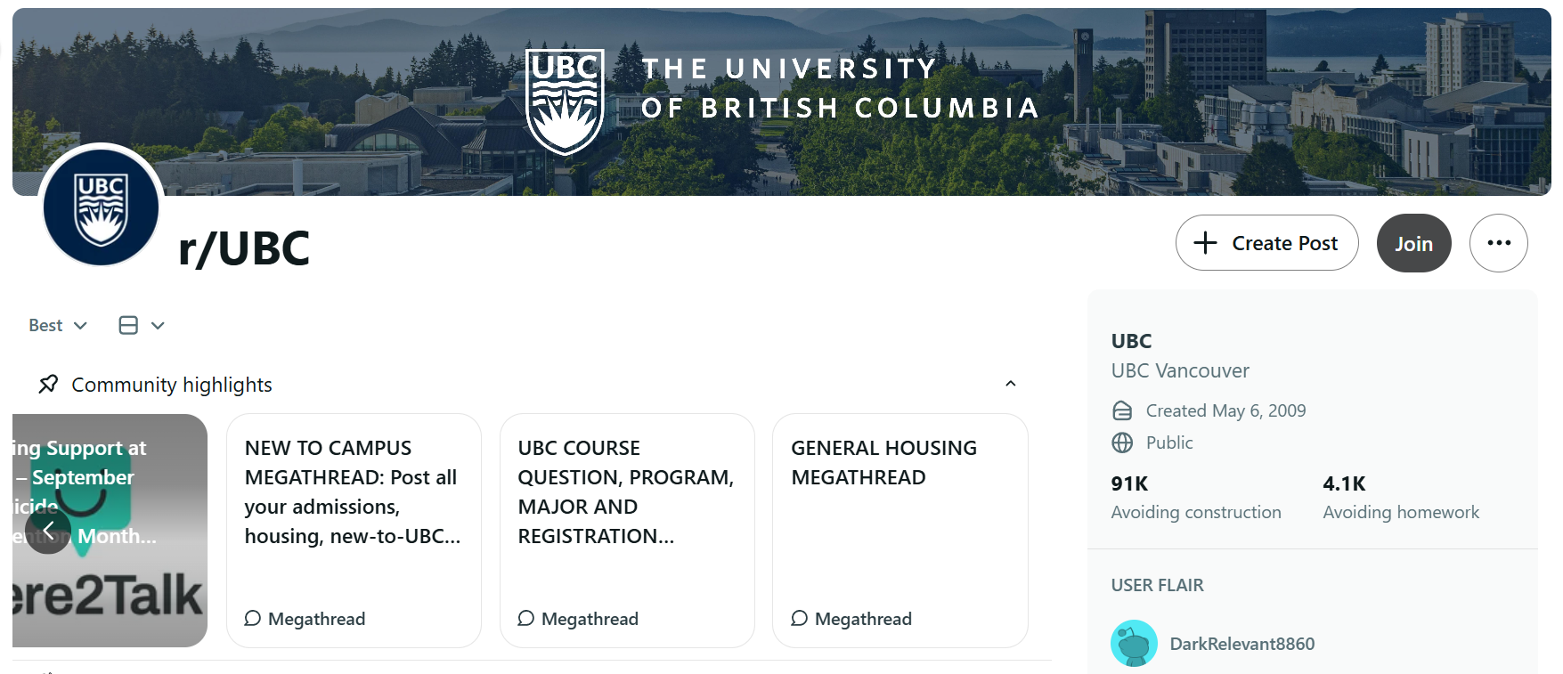 The r/UBC subreddit contains megathreads for key topics like housing, course questions, and new student life