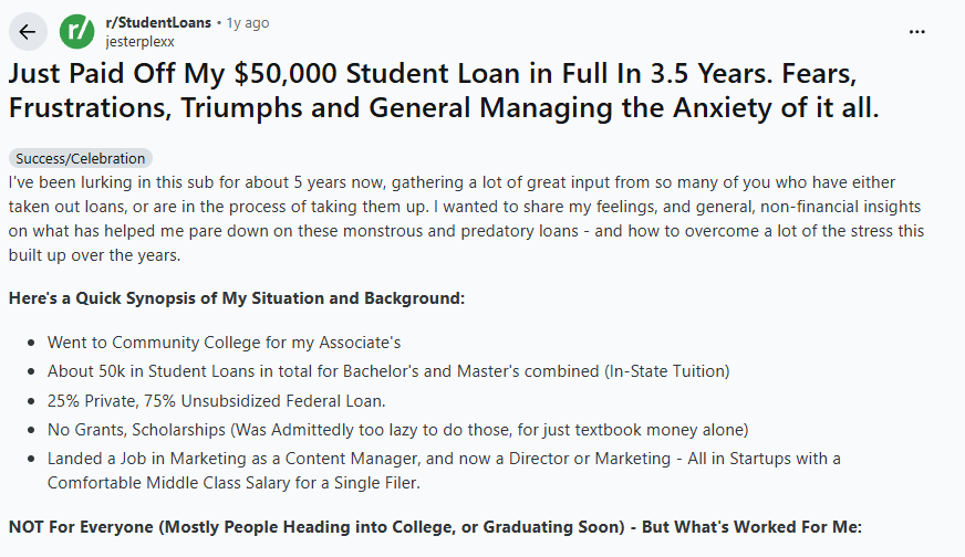r/StudentLoans "Just Paid Off My $50,000 Student Loan in 3.5 Years/ Fears, Frustrations, Triumphs and General Managing the Anxiety of it All."